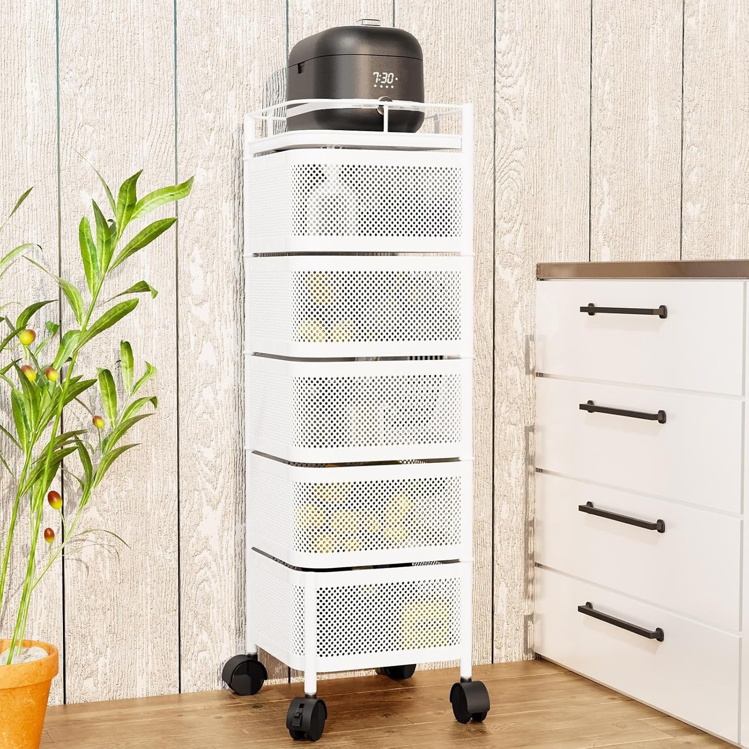 Rotating Square Kitchen Storage Rack with multi-layer metal baskets,organizing fruits, vegetables, utensils, and kitchen appliances in compact spaces.