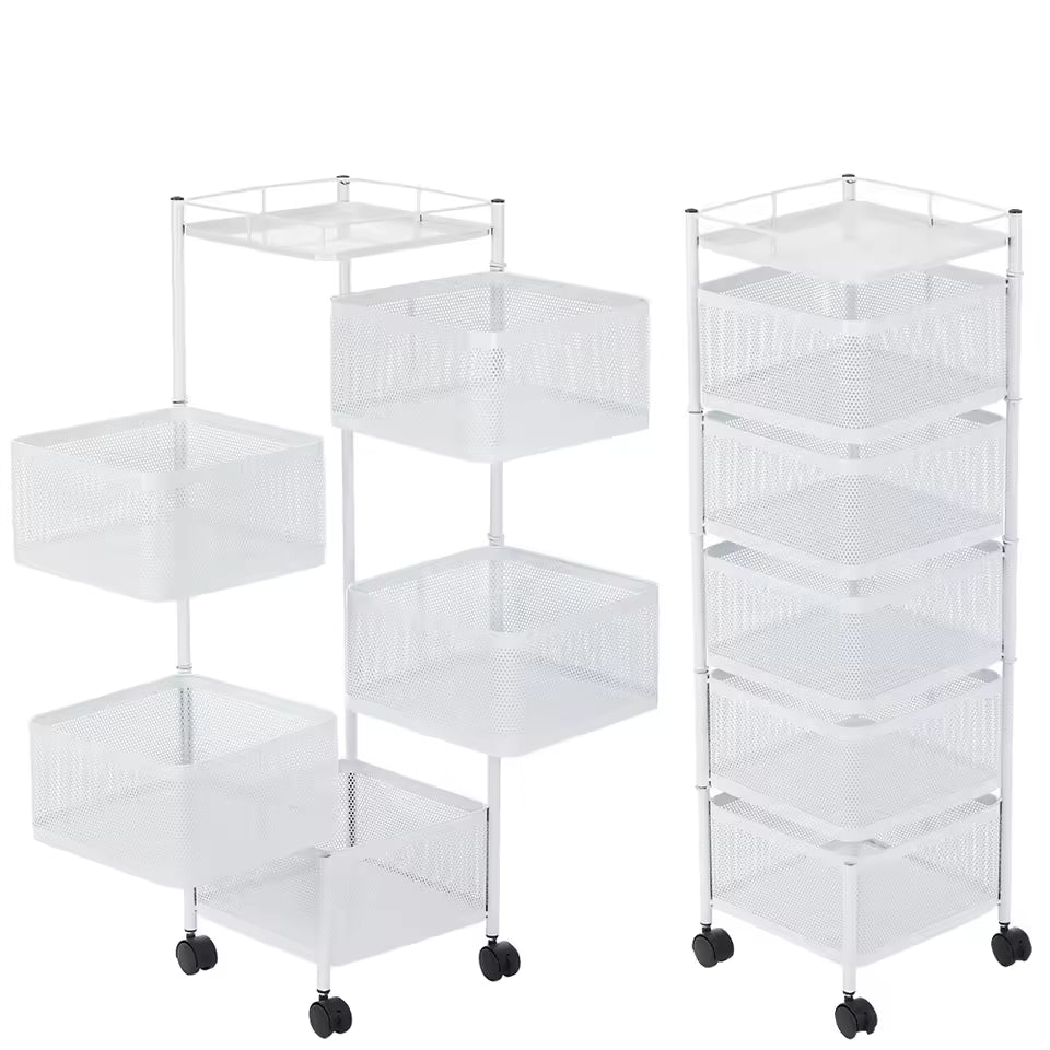 Rotating Square Kitchen Storage Rack with multi-layer metal baskets.