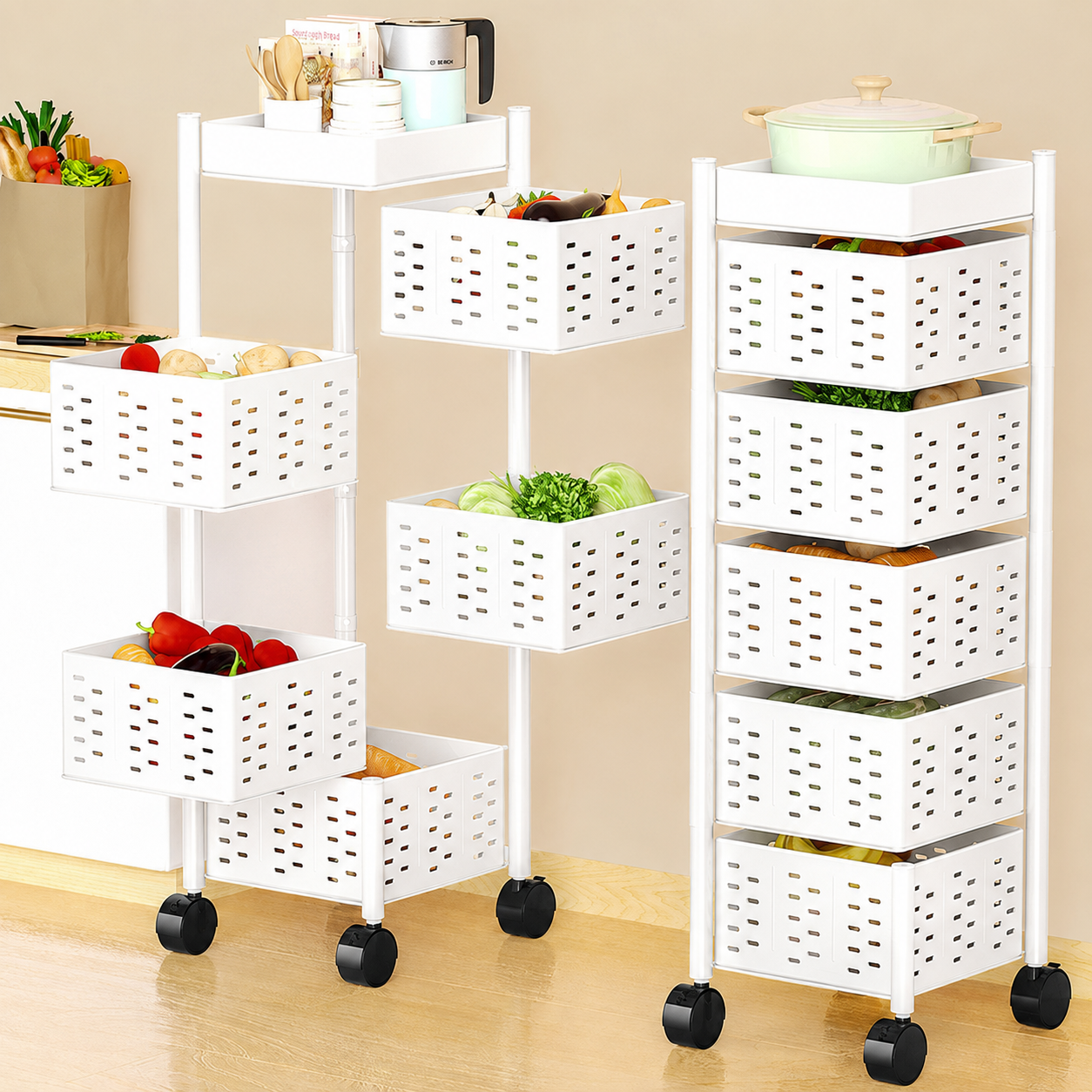 Rotating Storage Kitchen Rack Shelf with multiple baskets filled with groceries on a wooden floor.