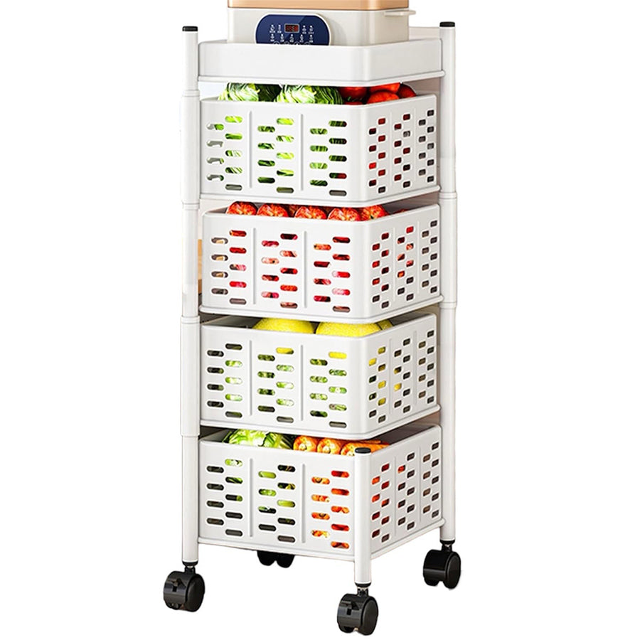Rotating Storage Kitchen Rack Shelf with four baskets filled with fruits and vegetables on a white background