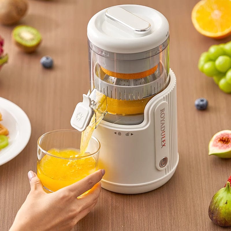 A Person Taking Juice From Royadulex Electric Orange Fruit Juicer.