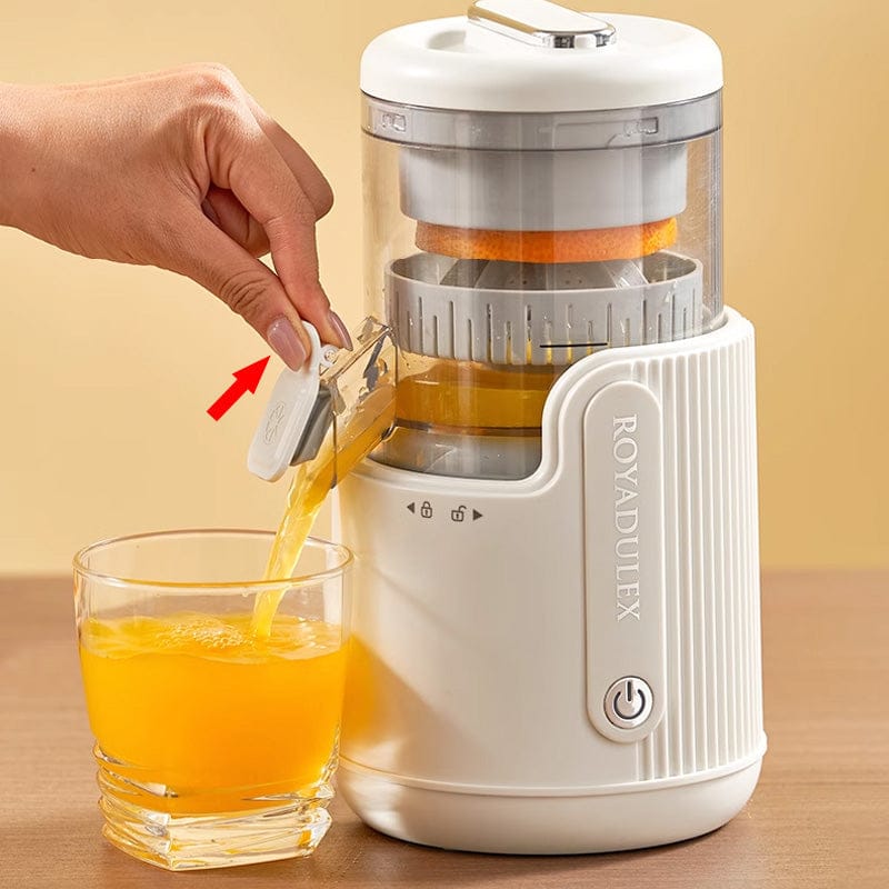 A Person Taking Juice From Royadulex Electric Orange Fruit Juicer.