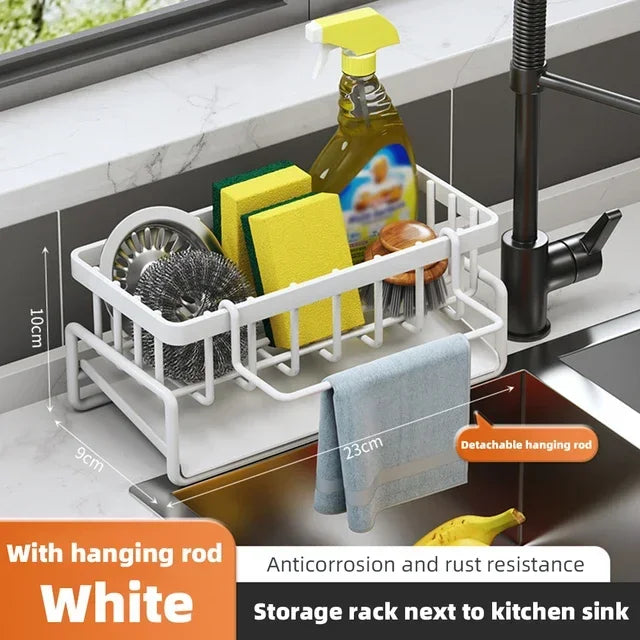 Rustproof Stainless Steel Sink Organizer Rack with hanging rod white