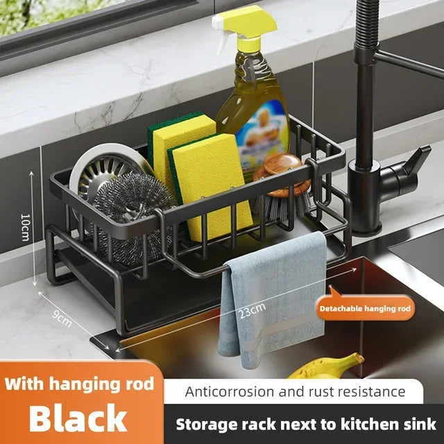 Rustproof Stainless Steel Sink Organizer Rack  with hanging rod black 