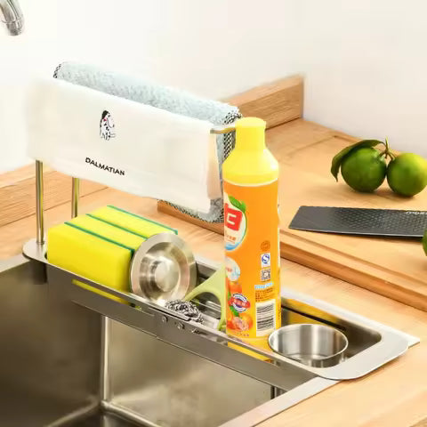 Kitchen Sink Organizer Storage Drain Rack, Expandable Stainless Steel Sponge & Soap Holder with Towel Rack & Filter Bucket