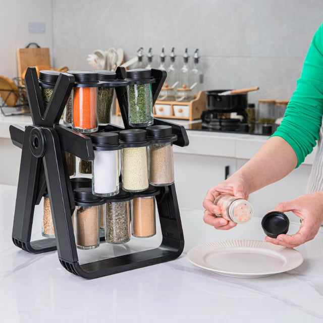 Someone holding a bottle next to 18 Jars Rotating Carousel Wheel Kitchen Spice Rack Organizer