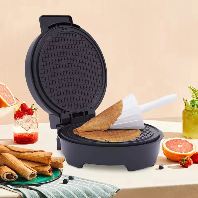 SOKANY Ice Cream Cone Maker with waffle cones on a table with fruit and drinks.