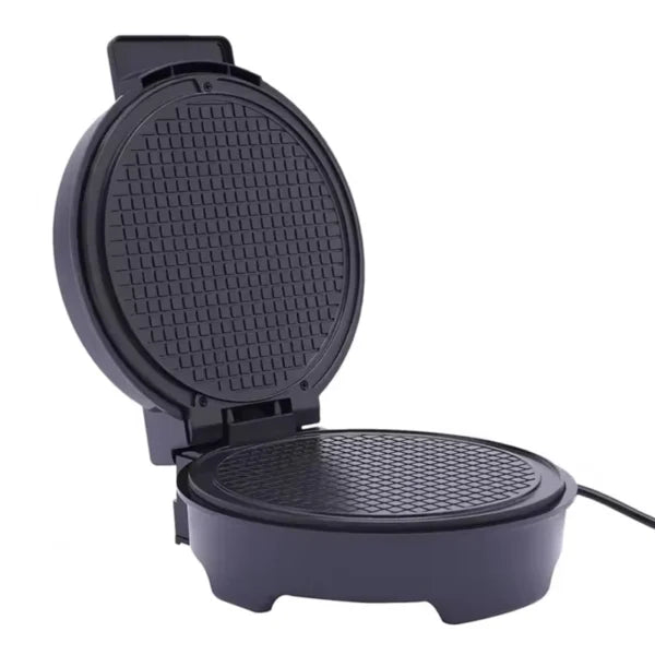 Black waffle maker on a white background
