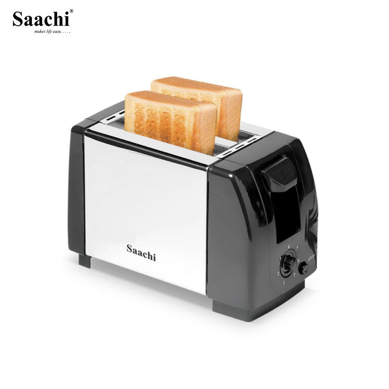 Saachi toaster with two slices of bread on a white background