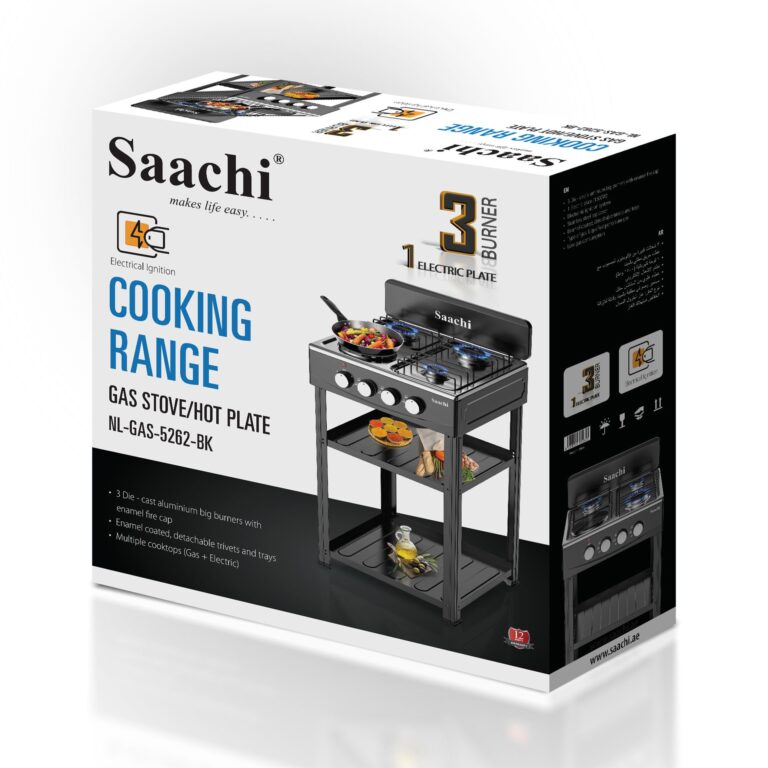 Box of Saachi 3 Burner Gas Stove with 1 Electric Hot Plate – NL-GAS-5262-BK