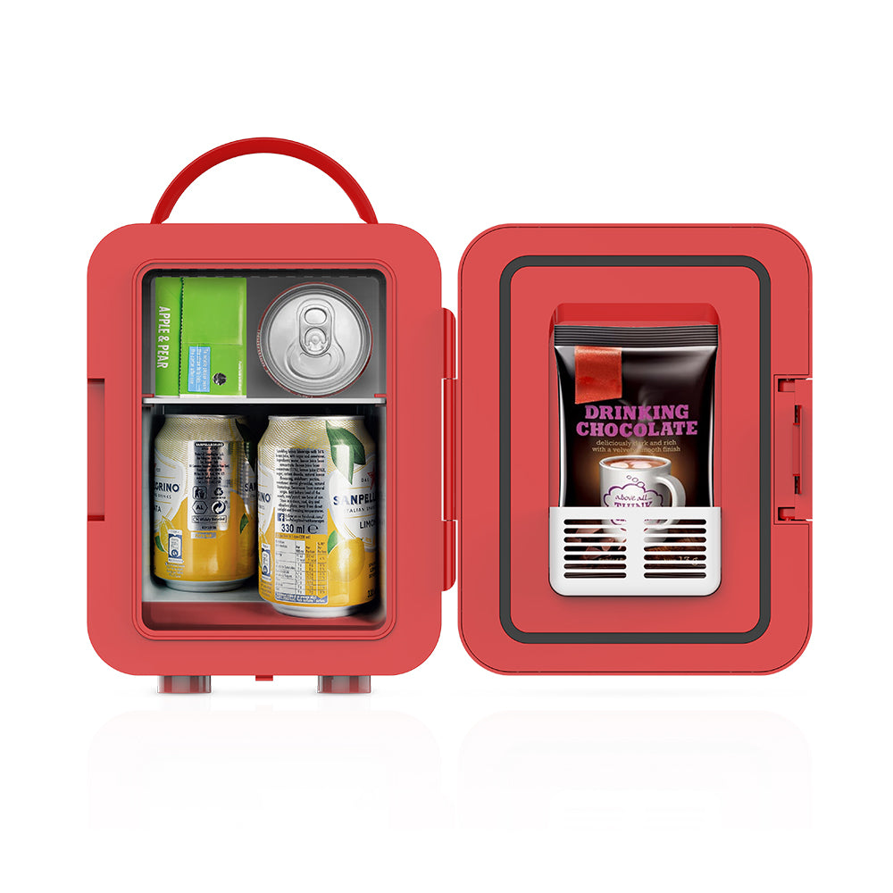 A Saachi 4L Mini Refrigerator - NL-REF-4 ACDC with Drinks are Stored.