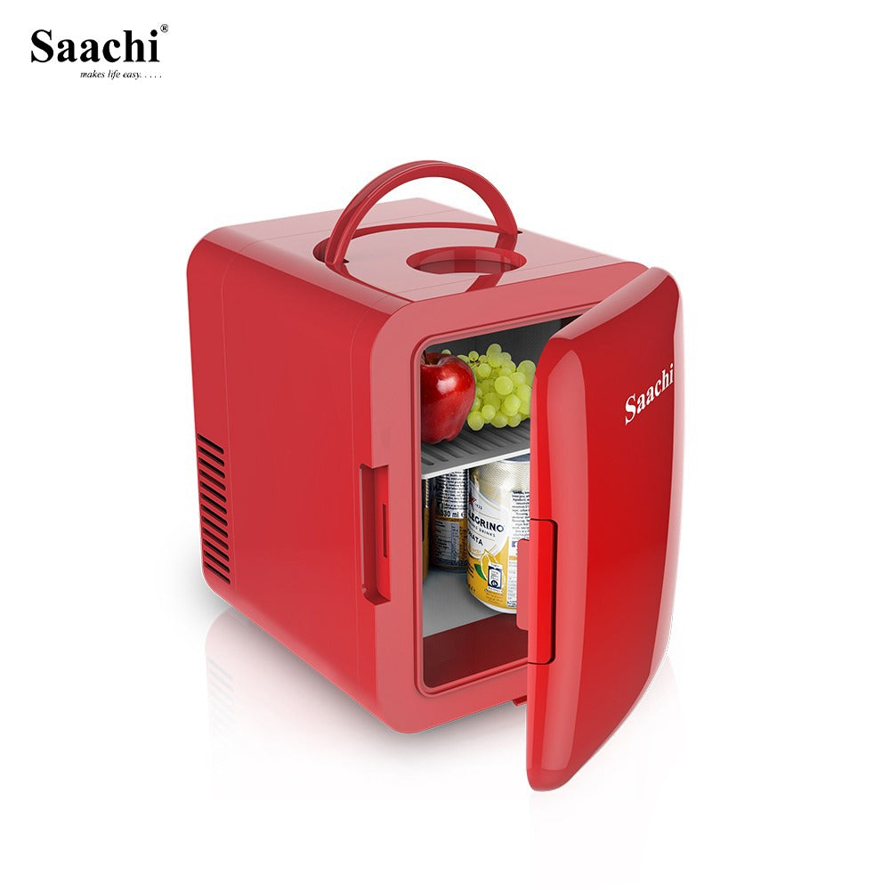 Saachi 4L Mini Refrigerator with Fruits and Drinks.