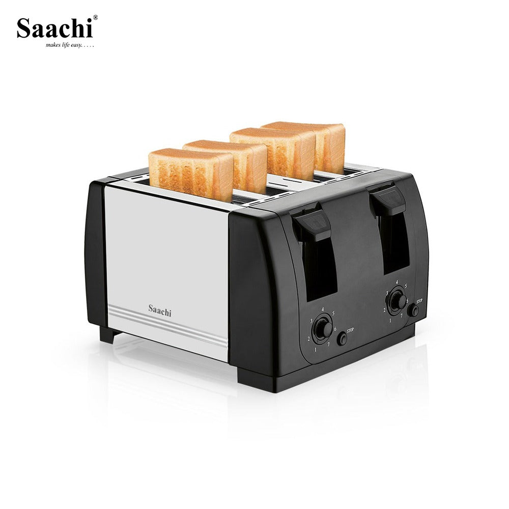 Saachi 4 Slice Toaster with four slices of bread on a white background, featuring the Saachi brand.