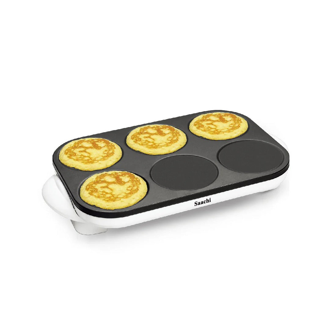 A Saachi 6 pcs pancake maker with a non-stick cooking surface , used for making multiple pancakes simultaneously.