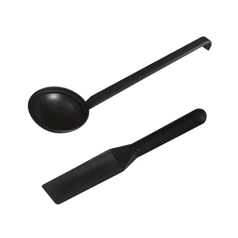 A black ladle and spatula set