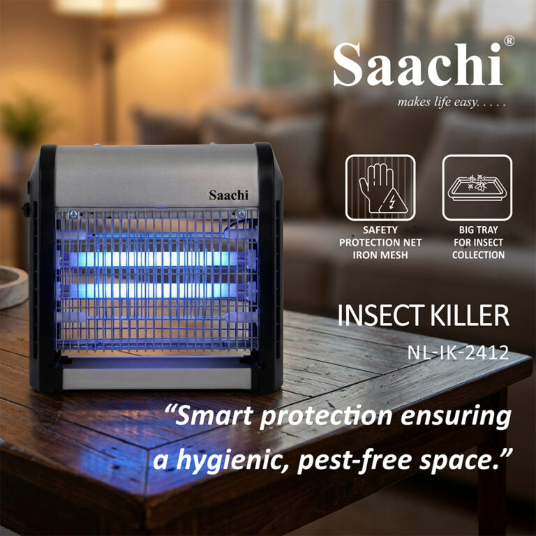 Saachi insect killer on a table with a blurred background