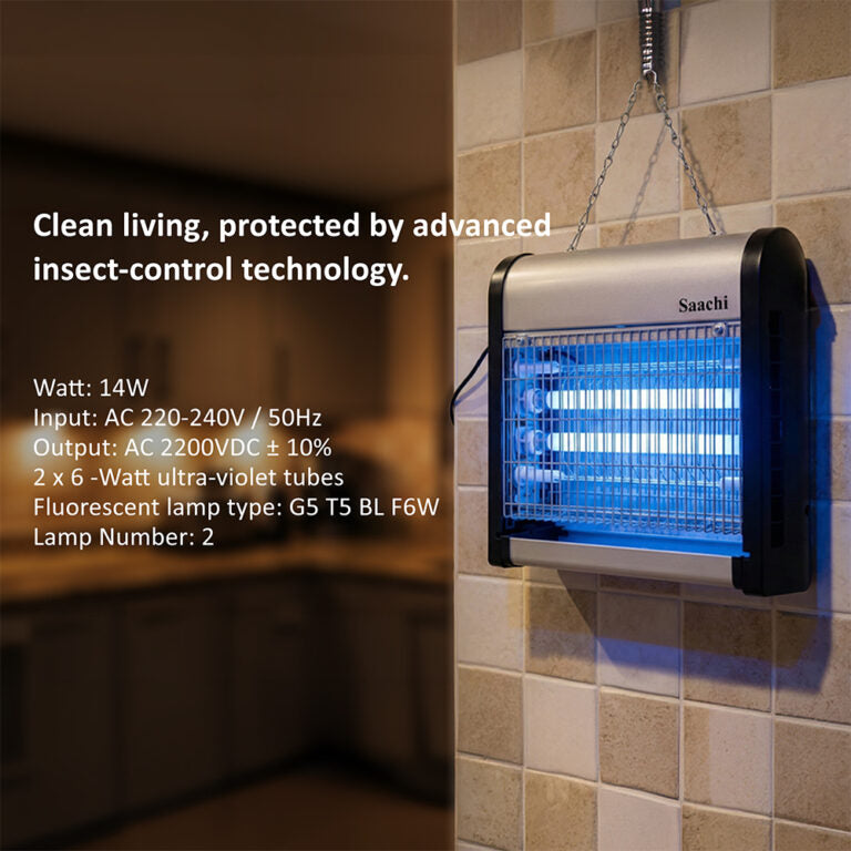 Saachi Electric Insect Killer fixture on a tiled wall with text about its features.