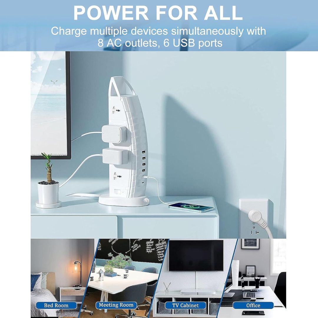 Sailboat Tower Power Strip with wide-spaced outlets on a light gray background with multiple outlets and USB ports on a desk, with text indicating its features.