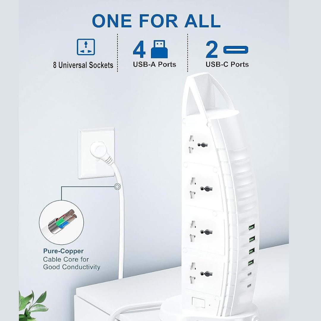 Multifunctional charging station with sockets, USB ports, and Pure-Copper cable feature on a light gray background.