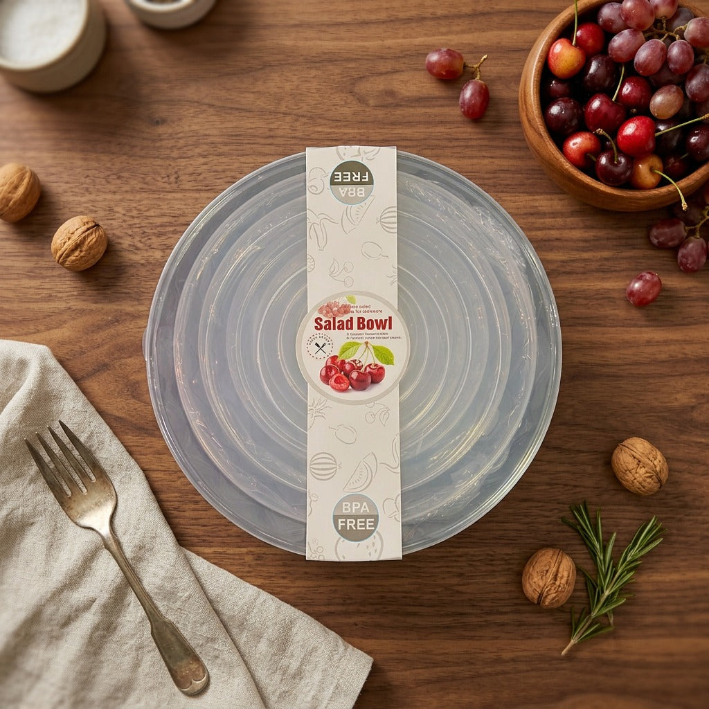 Salad bowl packaging on a wooden table with fruits and utensils