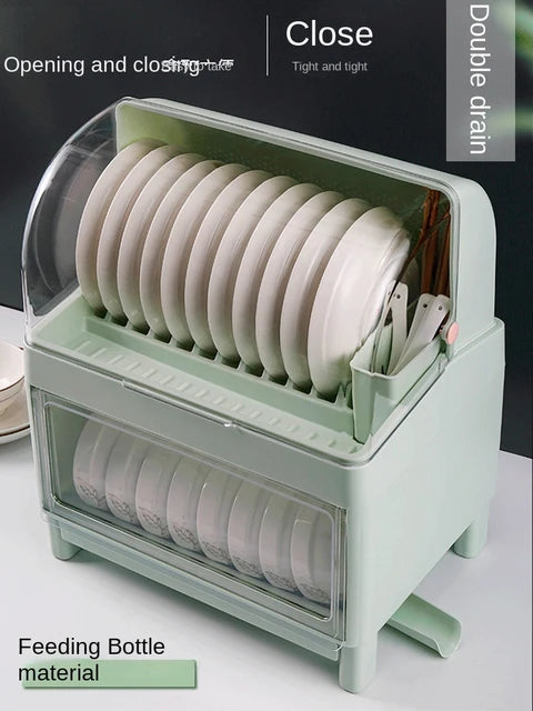 Someone holding Double-layer Dish Drain Tableware Storage Rack With Lid with some plates