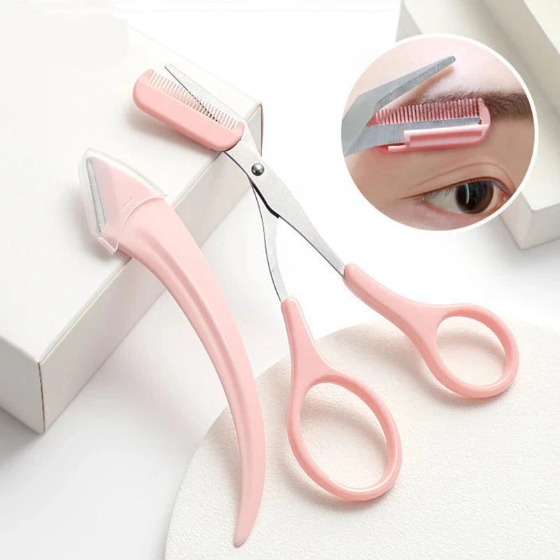 Eye Brow Trimmer Eyebrow Comb Scissors Makeup Tool Hair Removal in pink color