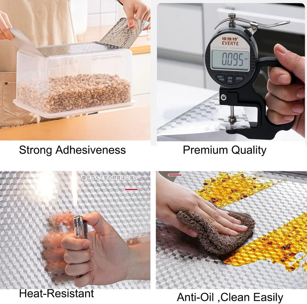 Features of Self Adhesive Wallpaper including strong adhesiveness, premium quality, heat-resistance, and ease of cleaning.