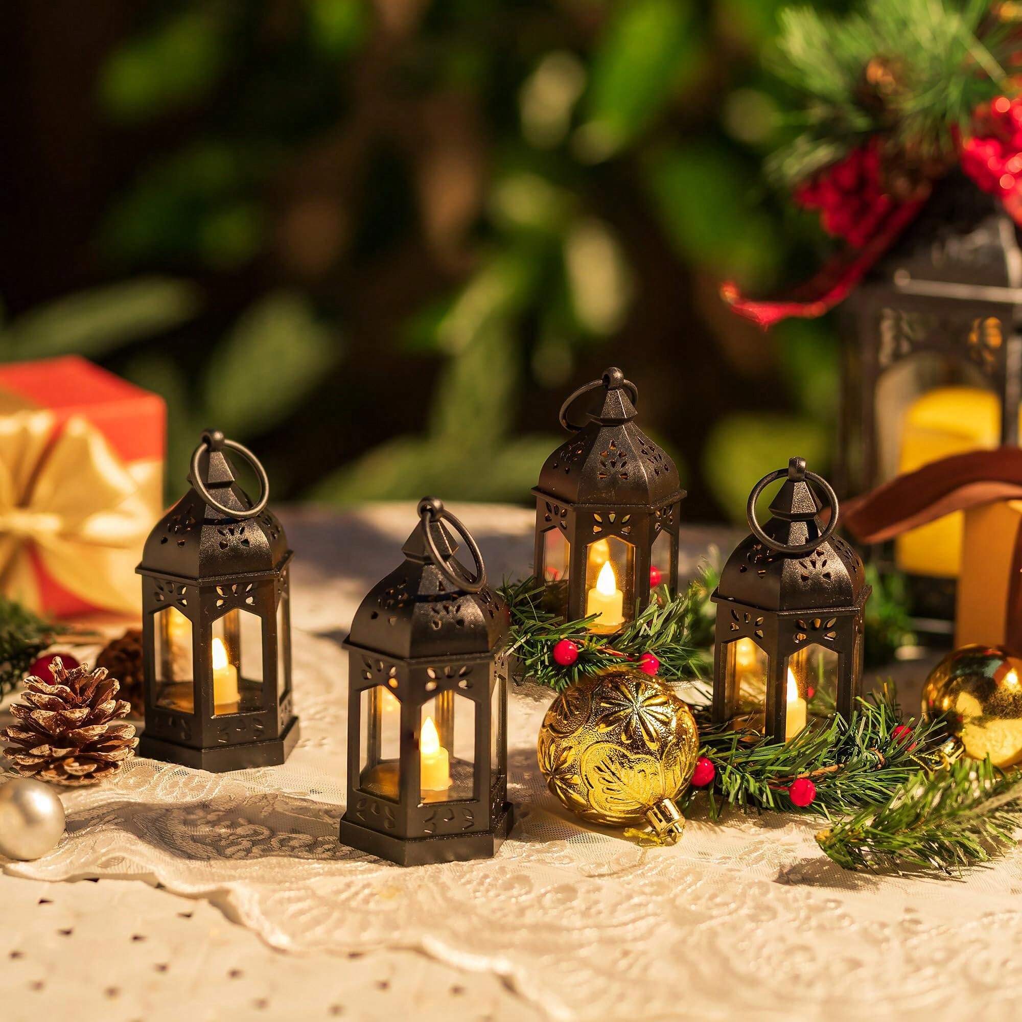 Set of Ramadan Eid decorative LED lantern lights in red, white, and black.