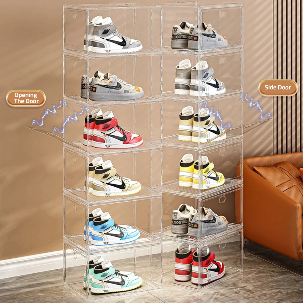 Shoes are Organized at Stackable Transparent Shoe Box Organizer.