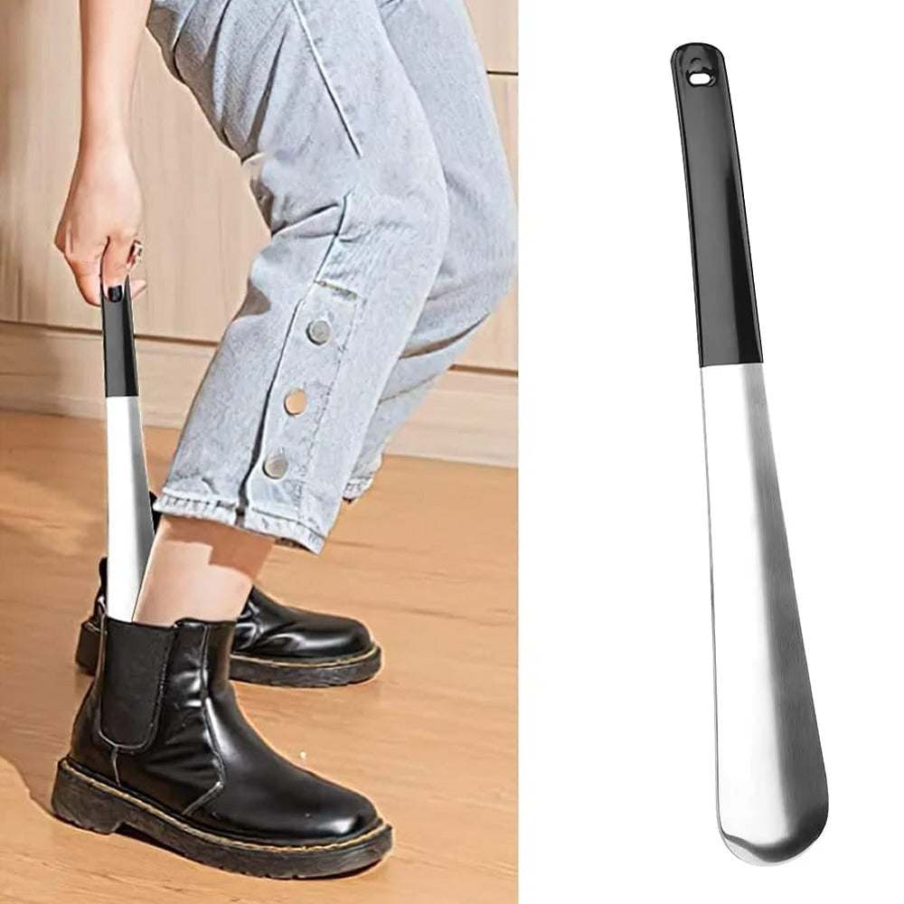 A Women Is Lifting Her Boots Using  Stainless Steel Ergonomic Shoe Puller.