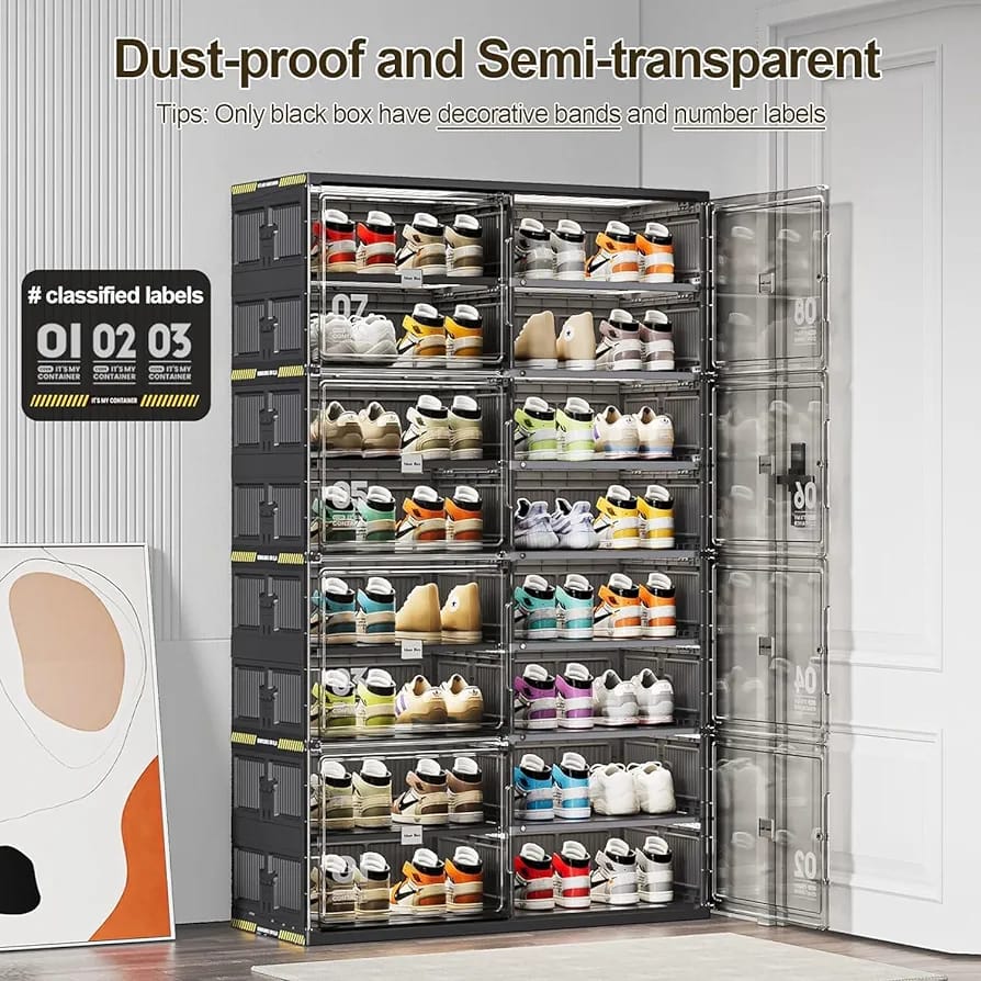 8 Layer Foldable Shoe Rack Storage Cabinet With Shoes are Arranged On it.