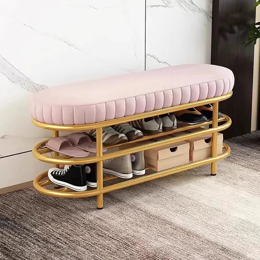 Shoe Storage Bench With Shoes are Organized in it.