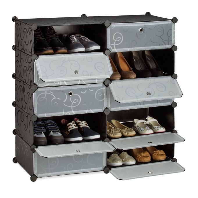 A Shoe Storage Rack with Shoes are Organized in it.