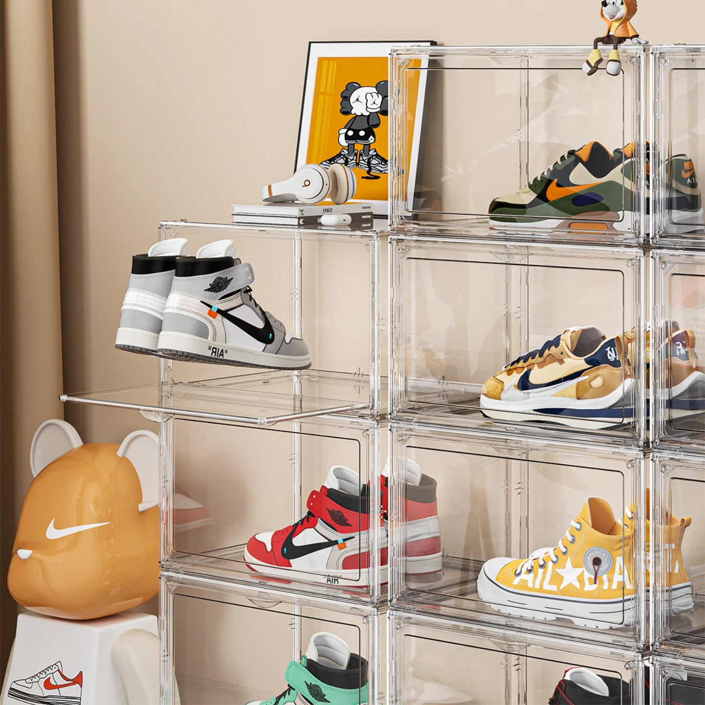 Shoes are Organized at Stackable Transparent Shoe Box Organizer.