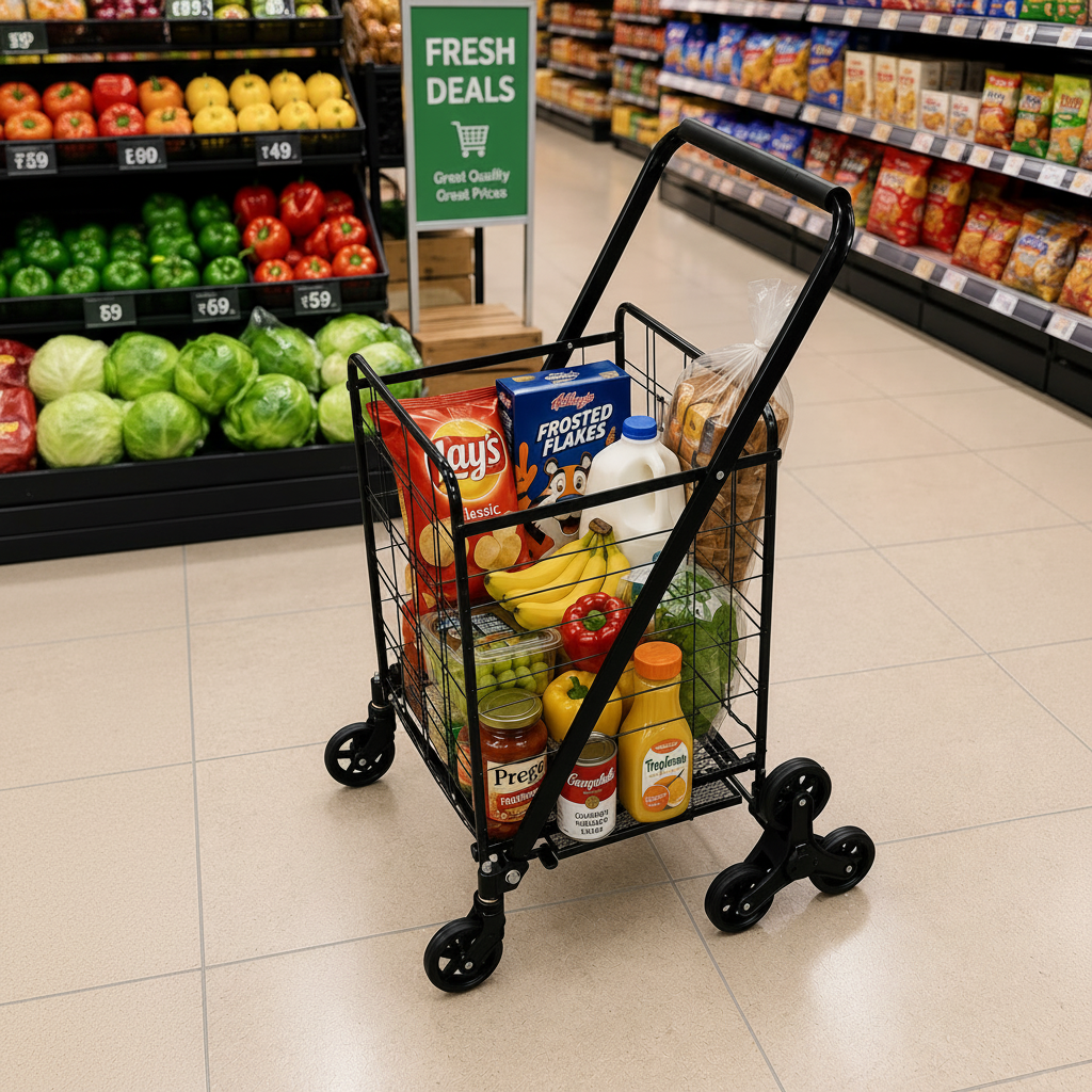 Shopping cart filled with groceries in a supermarket