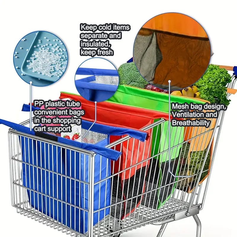 Reusable Shopping Grocery Bags with Groceries are Arranged in a Shopping Trolley Cart.