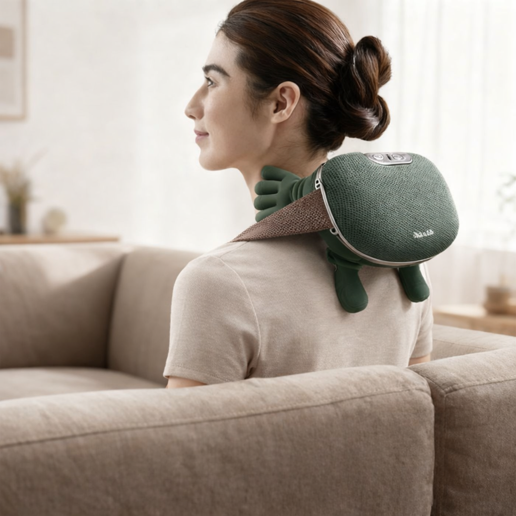 A Woman is Wearing Shoulder & Neck Massager.
