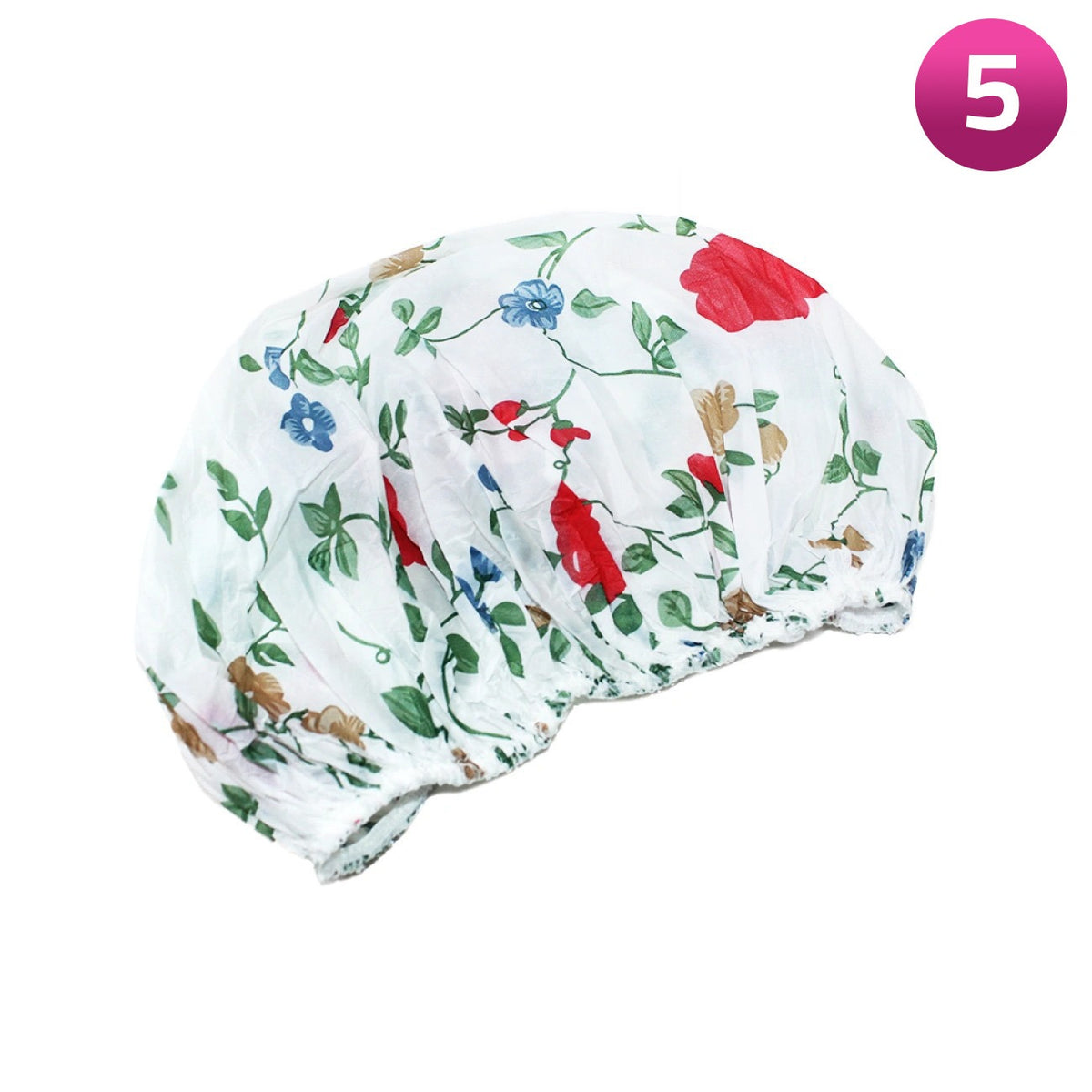 A white cotton shower cap with a colorful floral and botanical print, featuring red, blue, and green flowers with brown leaves, shown on a plain white background with a pink circular '5' badge in the top right corner.