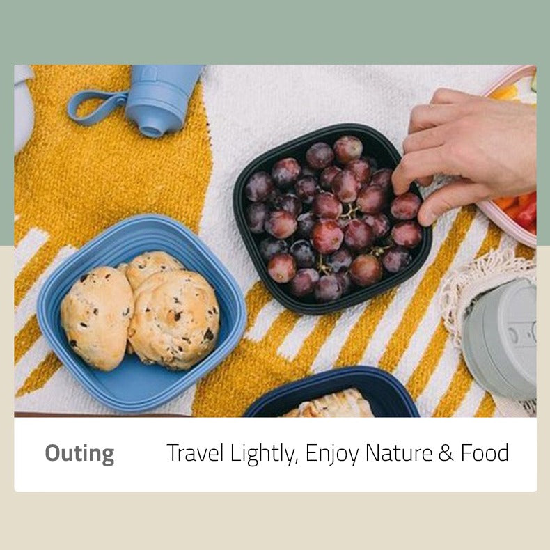 A Person is Taking Fruits From Silicone Bowl Food Container With Lid Carried Out For Picnic.