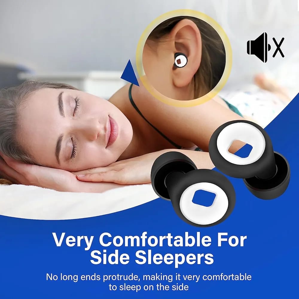 A Women is Sleeping By Wearing Soft Silicone Ear Plug For Noise Reduction.