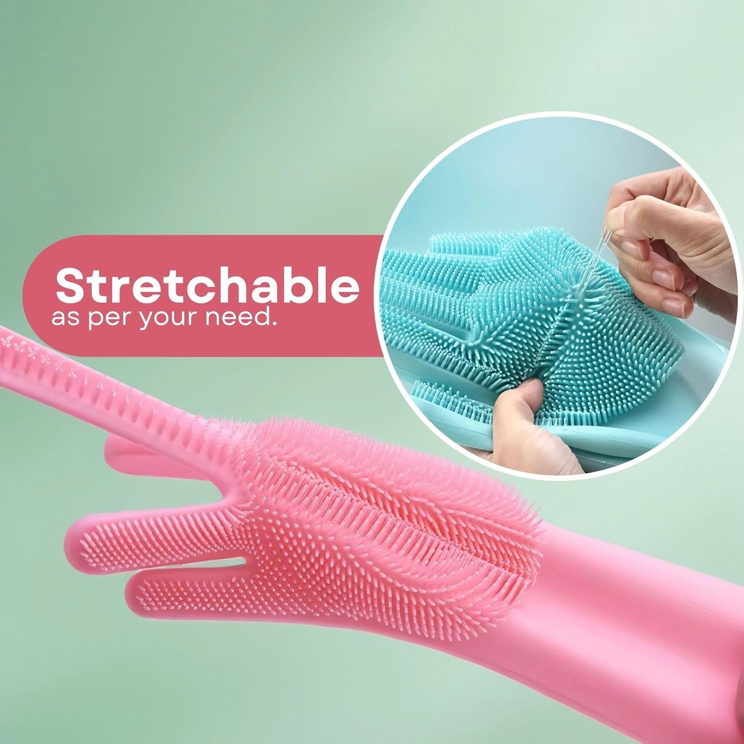 A Person is Demonstrating the Stretchable Poperty Of Silicone Hand Gloves with Scrubbing Bristles.