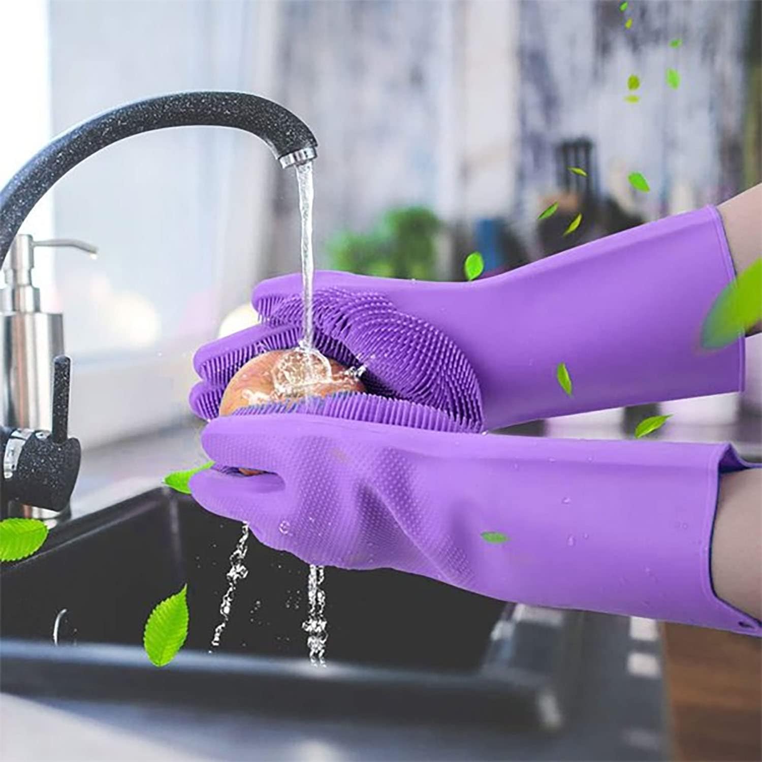 A Person is Cleaning Apple by Wearing Silicone Hand Gloves with Scrubbing Bristles.