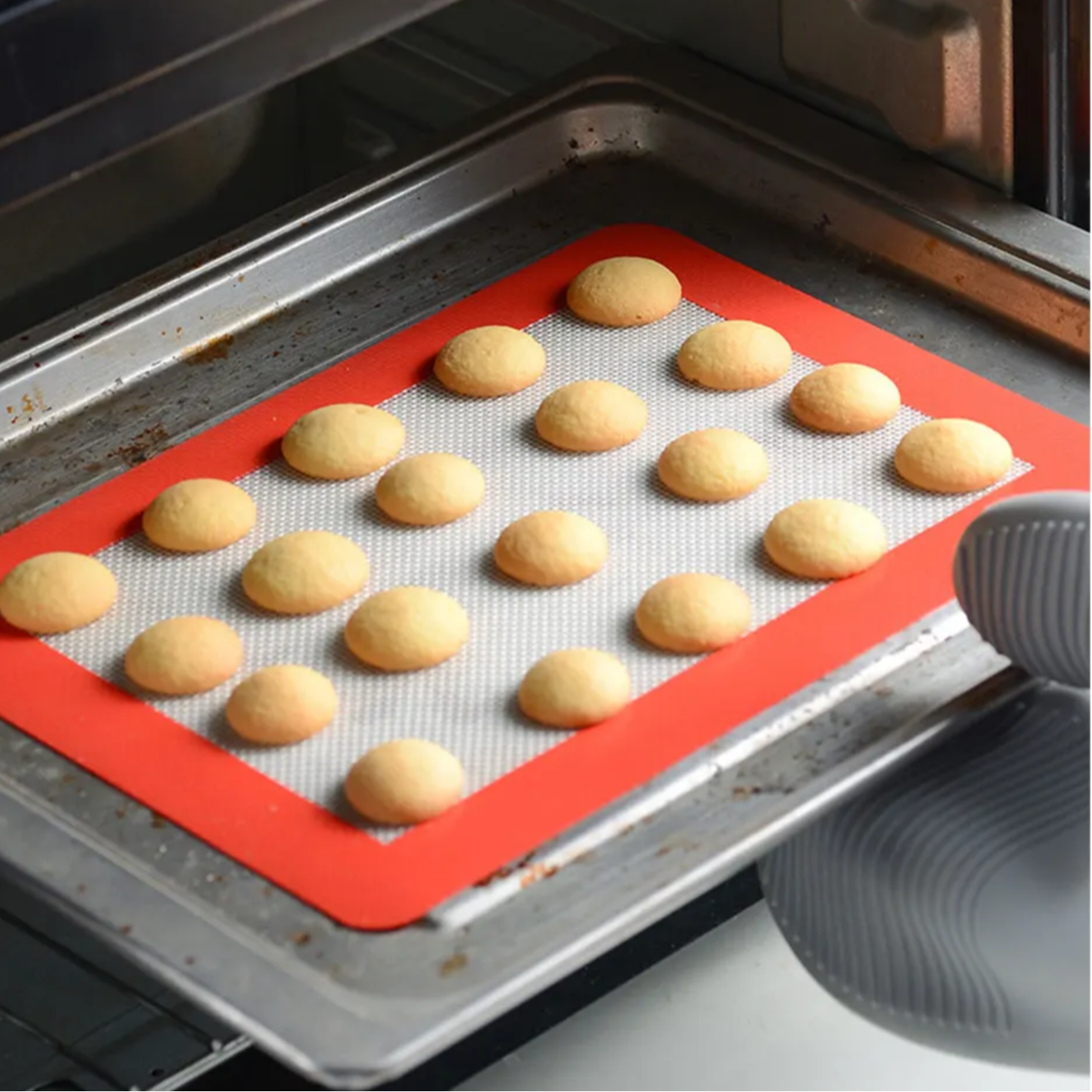 A Person is Keeping Silicone Macron Baking Dough Mat with Cookies in to an Oven.