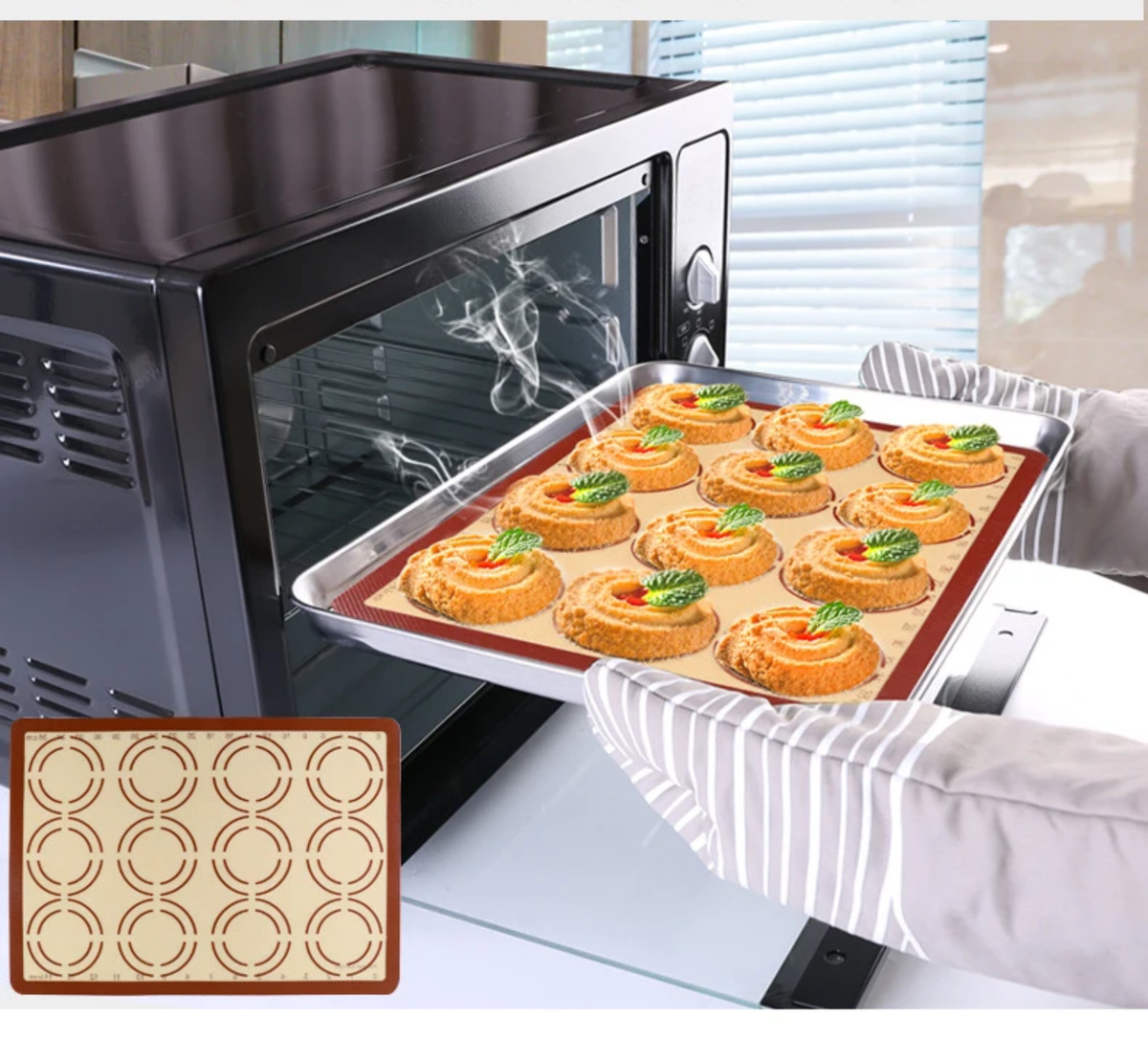 A Person is Placing Silicone Macron Baking Dough Mat with Cookies in to an Oven.