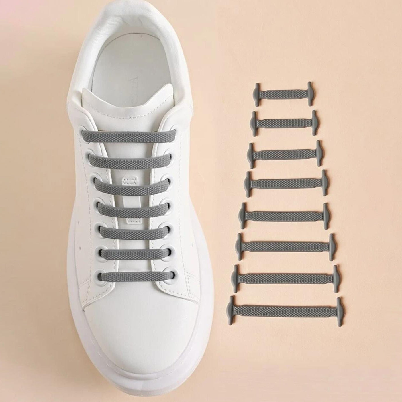 Grey Silicone No Tie Creative Shoelaces Fixed on Shoe.