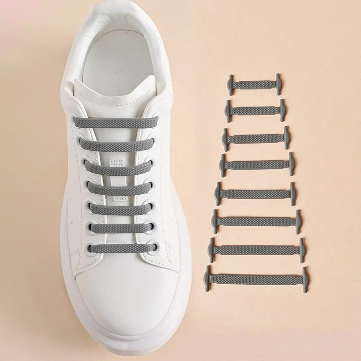 Grey Silicone No Tie Creative Shoelaces Fixed on Shoe.