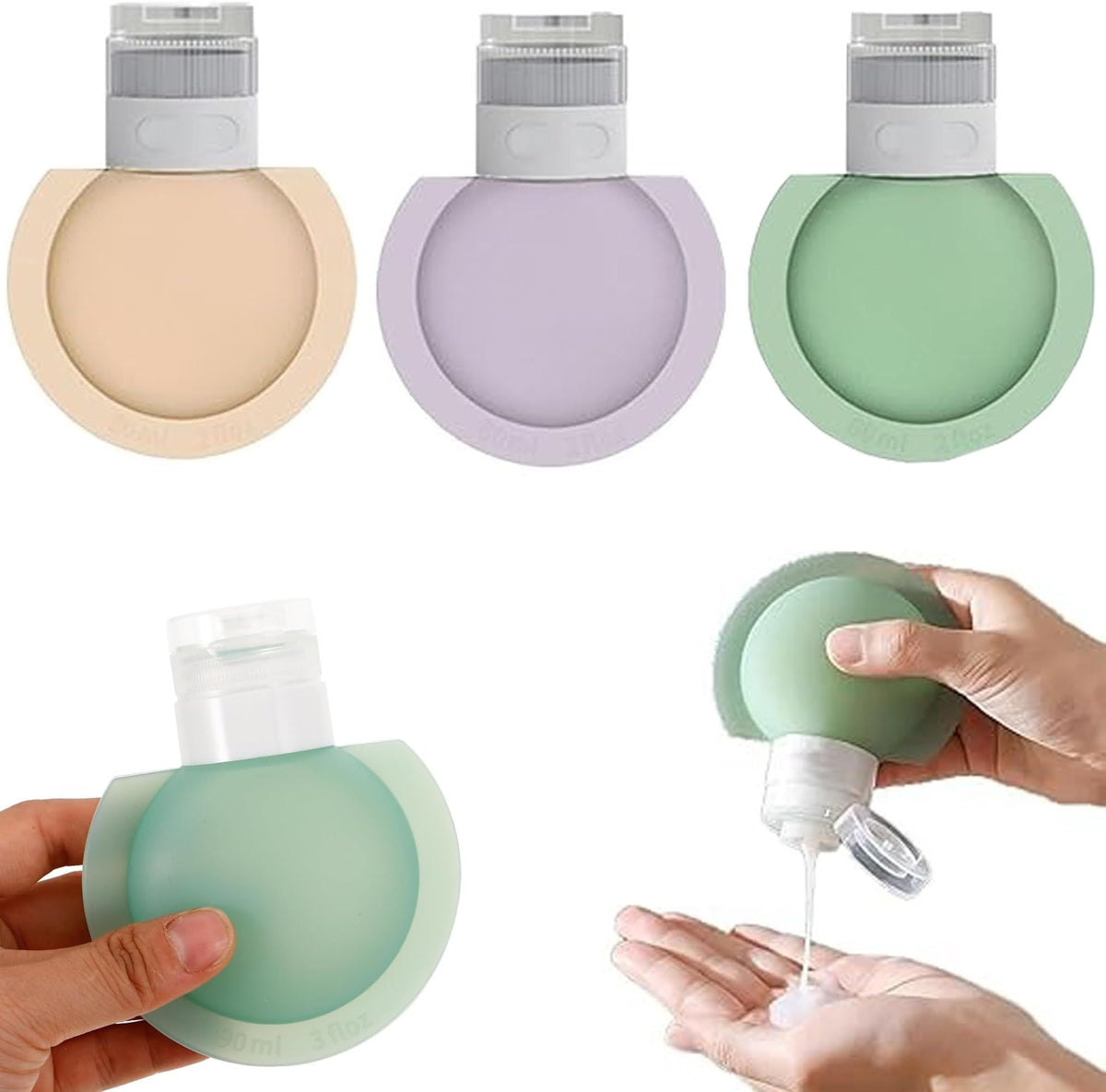 Set of three Silicone Travel Bottle Set in beige, purple, and green with a hand using one of them.