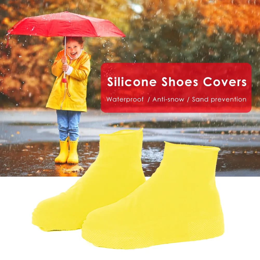 A Child is Protected His Shoe By Wearing A Person is Protected his Shoe by Wearing Silicone Waterproof Shoe Cover.