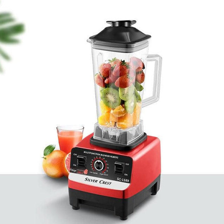 Silver Crest 4500W Professional Large Capacity Kitchen Electric Blender Juicer, Mixer With Fruits in it.