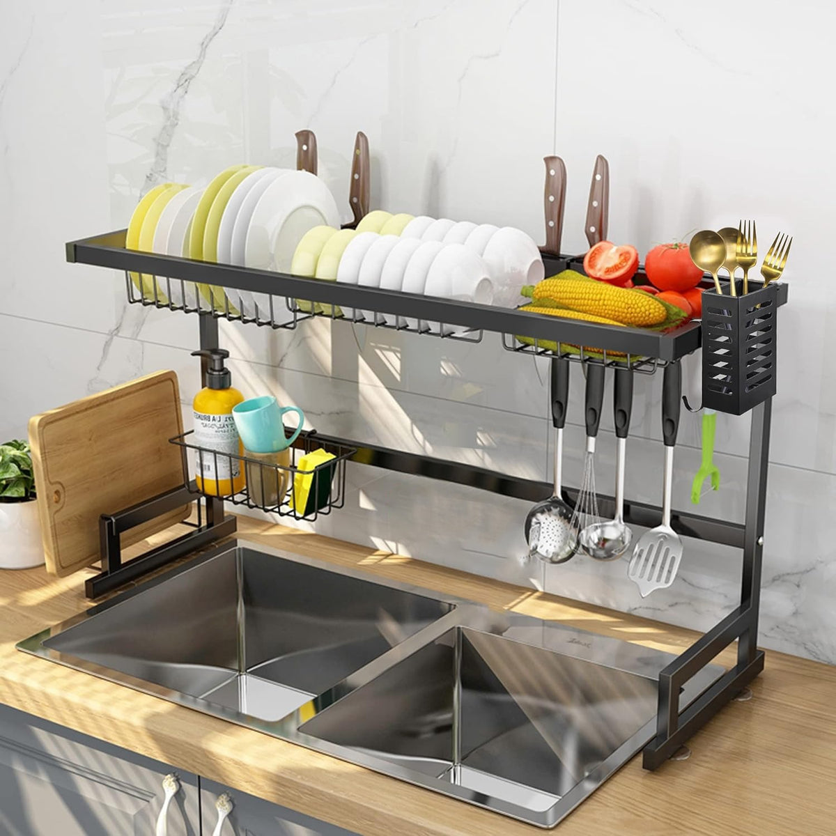 Over the Sink Dish Drying Rack kept upon a sink in kitchen